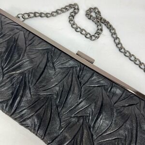 VINTAGE Jessica McClintock Black Textured Leather Clutch with Chain Option